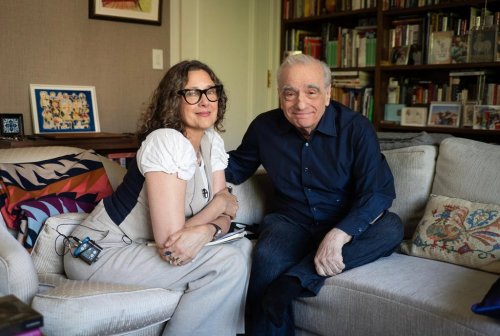This image released by Apple TV+ shows Rebecca Miller, left, with Martin Scorsese from the documentary series 