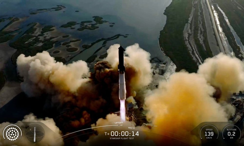 This image made from video provided by SpaceX shows Starship's 11th flight test launching from Starbase, Texas, Monday, Oct. 13, 2025. (SpaceX via AP)