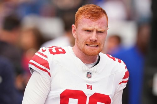 FILE- New York Giants kicker Jude McAtamney (99) reacts during warm ups before an NFL football game Sunday, Oct. 19, 2025, in Denver. (AP Photo/David Zalubowski, File)