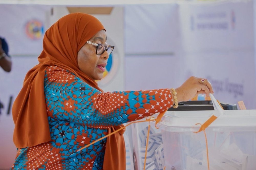 Tanzanian President Samia Suluhu Hassan casts her vote during the general elections at Chamwino polling station in Dodoma, Tanzania, Wednesday, Oct. 29, 2025. (AP Photo)