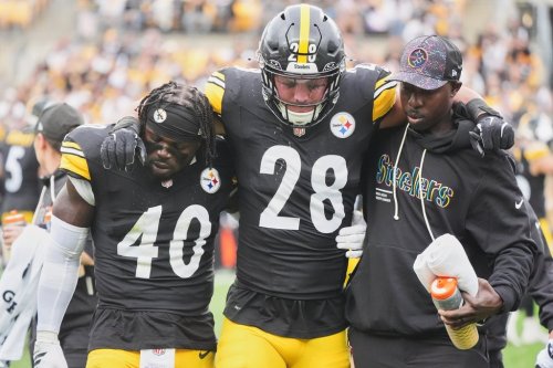 Pittsburgh Steelers safety Miles Killebrew (28) is helped off the field after an injury in the first half of an NFL football game against the Cleveland Browns in Pittsburgh, Sunday, Oct. 12, 2025. (AP Photo/Gene J. Puskar)