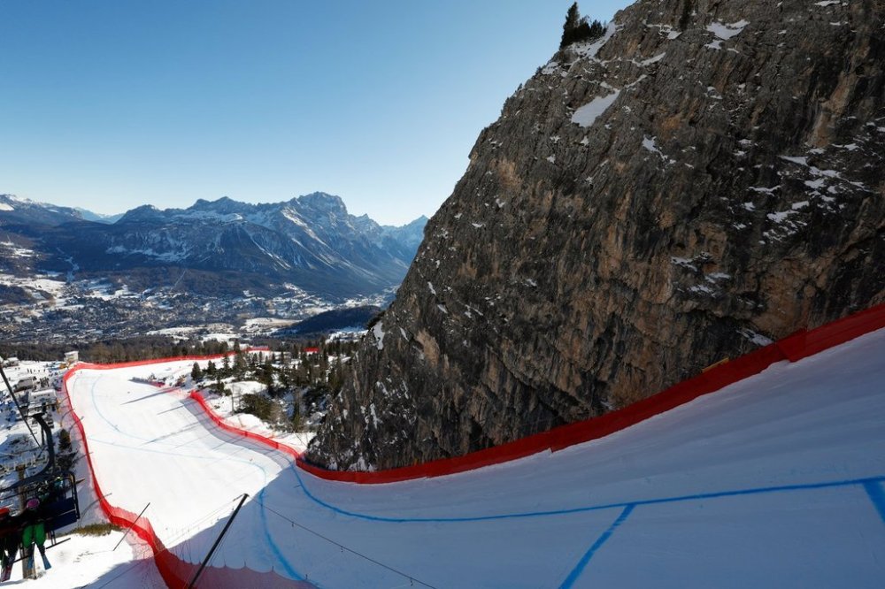 FILE - A view of the Tofane schuss venue for alpine ski competition at the Milan Cortina 2026 Winter Olympics is seen on Jan. 17, 2025, in Cortina d'Ampezzo, Italy. (AP Photo/Alessandro Trovati, File)