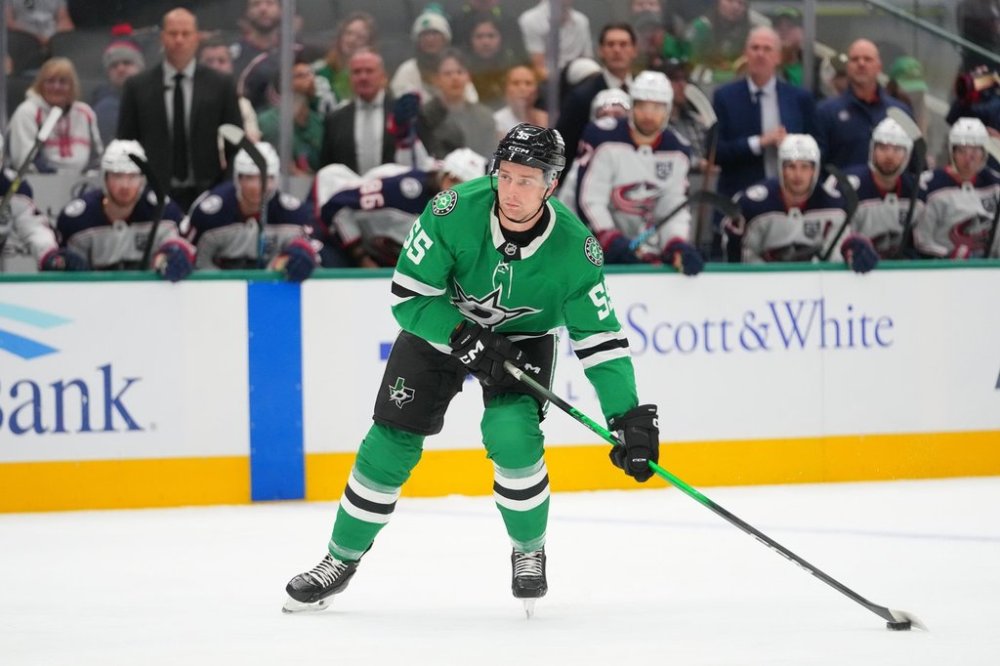 Dallas Stars defenseman Thomas Harley skates with the puck against the Columbus Blue Jackets during the first period of an NHL hockey game Tuesday, Oct. 21, 2025, in Dallas. (AP Photo/Julio Cortez)