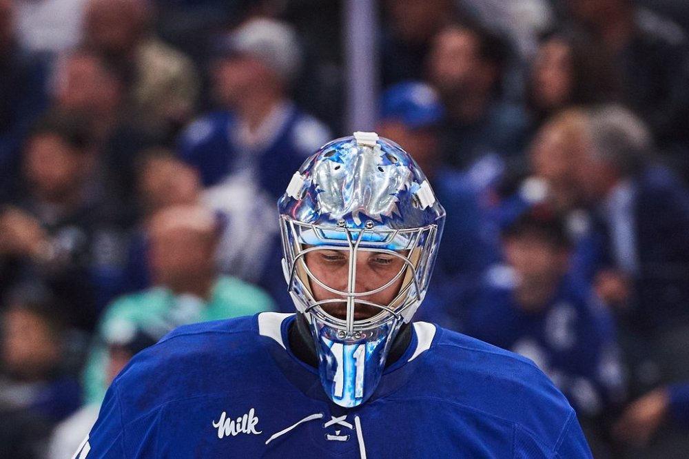 Maple Leafs goaltender Anthony Stolarz (41) during a break in the play in the third period against the Seattle Kraken in Toronto on Saturday, Oct. 18, 2025. THE CANADIAN PRESS/Sammy Kogan