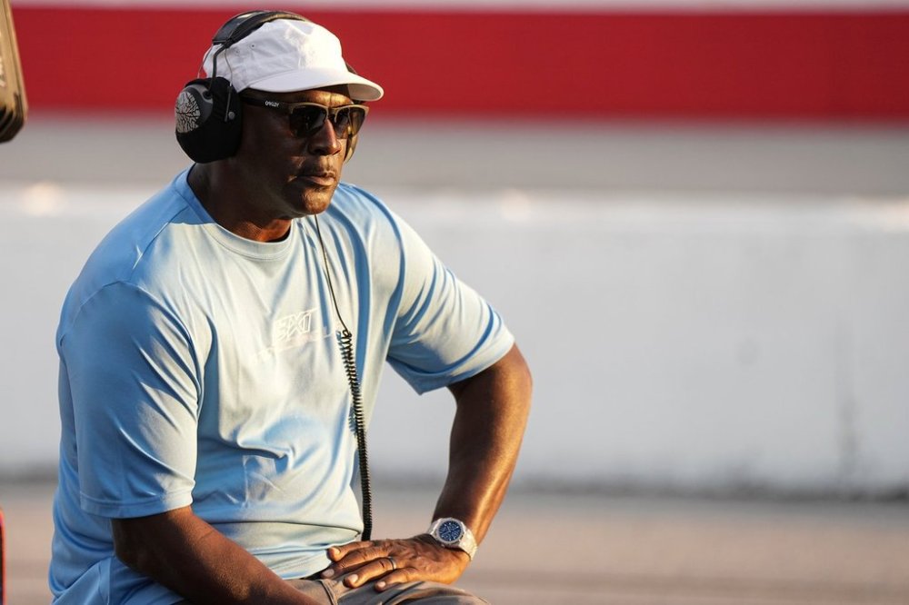 FILE - Team owner Michael Jordan looks on during a NASCAR Cup Series auto race at Darlington Raceway, Aug. 31, 2025, in Darlington, S.C. (AP Photo/Matt Kelley, File)