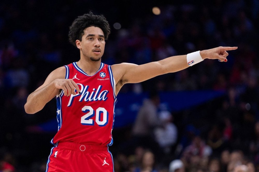 FILE - Philadelphia 76ers' Jared Jared McCain gestures during the NBA basketball game against the Indiana Pacers, Friday, Dec. 13, 2024, in Philadelphia. (AP Photo/Chris Szagola, File)