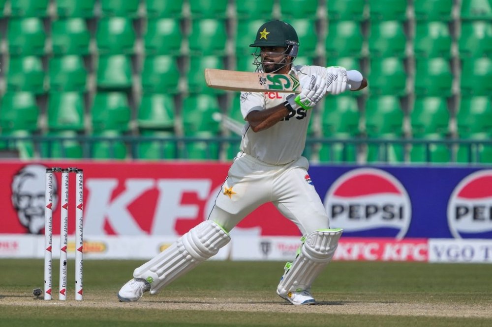 Pakistan's Babar Azam bats during the third day of the first test cricket match between Pakistan and South Africa, in Lahore, Pakistan, Tuesday, Oct. 14, 2025. (AP Photo/K.M. Chaudary)