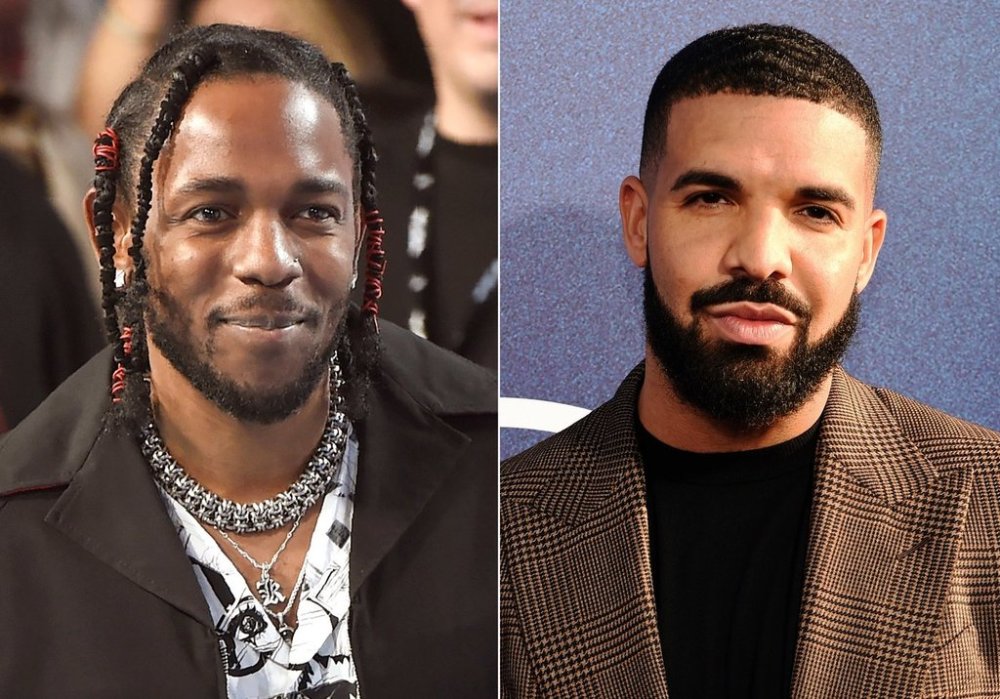 FILE - In this combination of images, Kendrick Lamar, left, appears at the MTV Video Music Awards on Aug. 27, 2017, in Inglewood, Calif., and Drake, right, appears at the premiere of the series