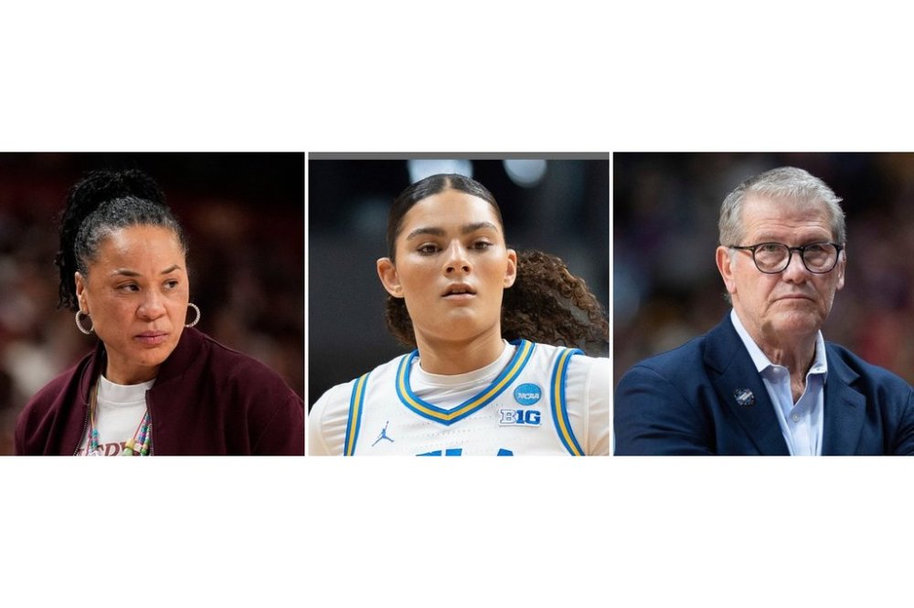 FILE - This photo combination shows South Carolina head coach Dawn Staley, left, March 8, 2025, in Greenville, S.C., UCLA center Lauren Betts, March 30, 2025, in Spokane, Wash. and UConn head coach Geno Auriemma March 31, 2025, in Spokane, Wash. (AP Photo/Chris Carlson, Jenny Kane), file