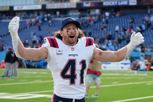 New England Patriots safety Brenden Schooler (41) celebrates following an NFL football game against the Tennessee Titans, Sunday, Oct. 19, 2025, in Nashville, Tenn. (AP Photo/George Walker IV)