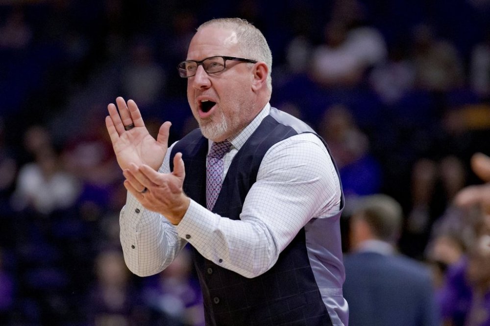 FILE - Texas A&M head coach Buzz Williams reacts during the first half of an NCAA college basketball game against LSU in Baton Rouge, La., March 8, 2025. (AP Photo/Matthew Hinton, File)