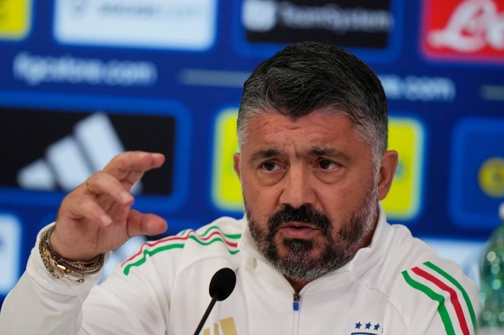 Italy's coach Gennaro Gattuso attends a new conference ahead of tomorrw's World Cup 2026, Group I qualifying soccer match between Italy and Israel at the Bluenergy Stadium in Udine, Italy, Monday, Oct.13, 2025. (AP Photo/Luca Bruno)