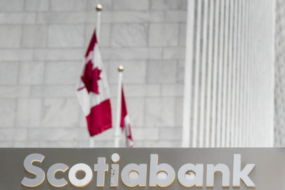 Scotiabank signage is pictured in the financial district in Toronto, Friday, Sept. 8, 2023. THE CANADIAN PRESS/Andrew Lahodynskyj
