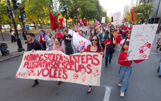 The Native Women’s Shelter of Montreal in partnership with Southern Quebec Inuit Association (SQIA) March for Missing and Murdered Indigenous Women, Girls, Trans and Two-Spirit People in Montreal, on Saturday, Oct. 4, 2025. (Peter McCabe / The Canadian Press files)