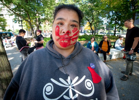 Shirley Pien, one of the speakers at Montreal's March for Missing and Murdered Indigenous Women, Girls, Trans, and Two-Spirit People, by the Native Women’s Shelter of Montreal in partnership with Southern Quebec Inuit Association, poses for a photo on Oct. 4, 2025. (Peter McCabe / The Canadian Press files)