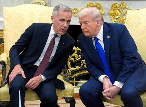 Prime Minister Mark Carney and U.S. President Donald Trump hold a press conference at the White House in Washington, D.C., Tuesday, Oct. 7, 2025. THE CANADIAN PRESS/Adrian Wyld