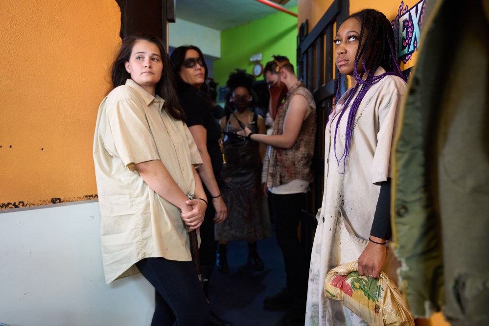 Actors wait to get their make up done at the Erebus Haunted House Thursday, Oct. 2, 2025, in Pontiac, Mich. (AP Photo/Ryan Sun)