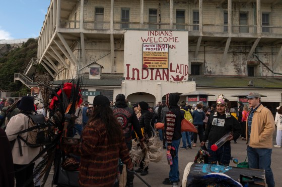 People wait to board a ferry after they attend a sunrise gathering during Indigenous Peoples Day on Alcatraz Island on Monday, Oct. 13, 2025, in San Francisco. (Laure Andrillon / The Associated Press files)