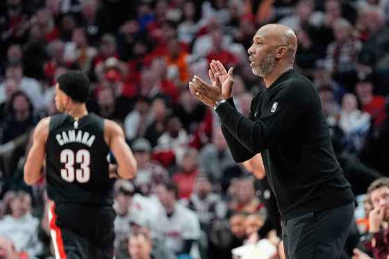 Portland Trail Blazers head coach Chauncey Billups reacts during the second half of an NBA basketball game against the Minnesota Timberwolves on Oct. 22, in Portland, Ore. (Jenny Kane / The Associated Press files)
