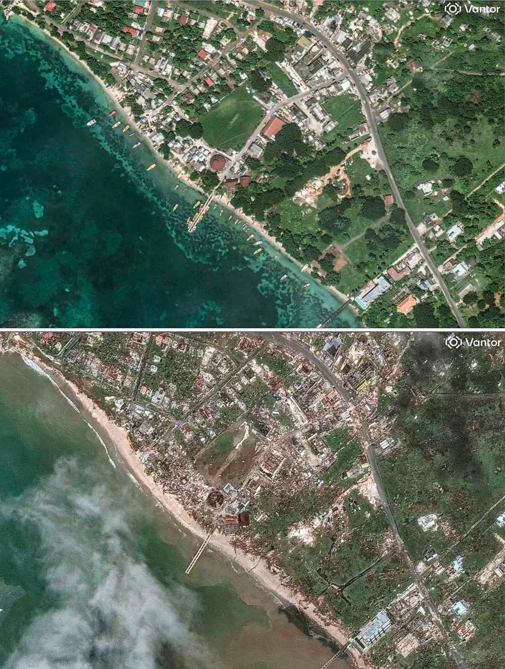 This combo photo contains two satellite images taken by Vantor of a before and after view of the fishing village White House, Jamaica, Wednesday, Oct. 29, 2025, in the aftermath of Hurricane Melissa. (Satellite image ©2025 Vantor via AP)