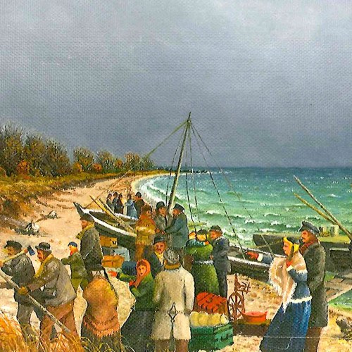 The Landing at Willow Point by Icelandic immigrant Árni Sigurðsson (1884-1970) depicts the arrival of the first New Iceland settlers south of the present site of Gimli on October 21, 1875.  Sigurðsson painted it to mark the 75th anniversary of New Iceland in 1950.  Source: Collection of the New Iceland Heritage Museum.