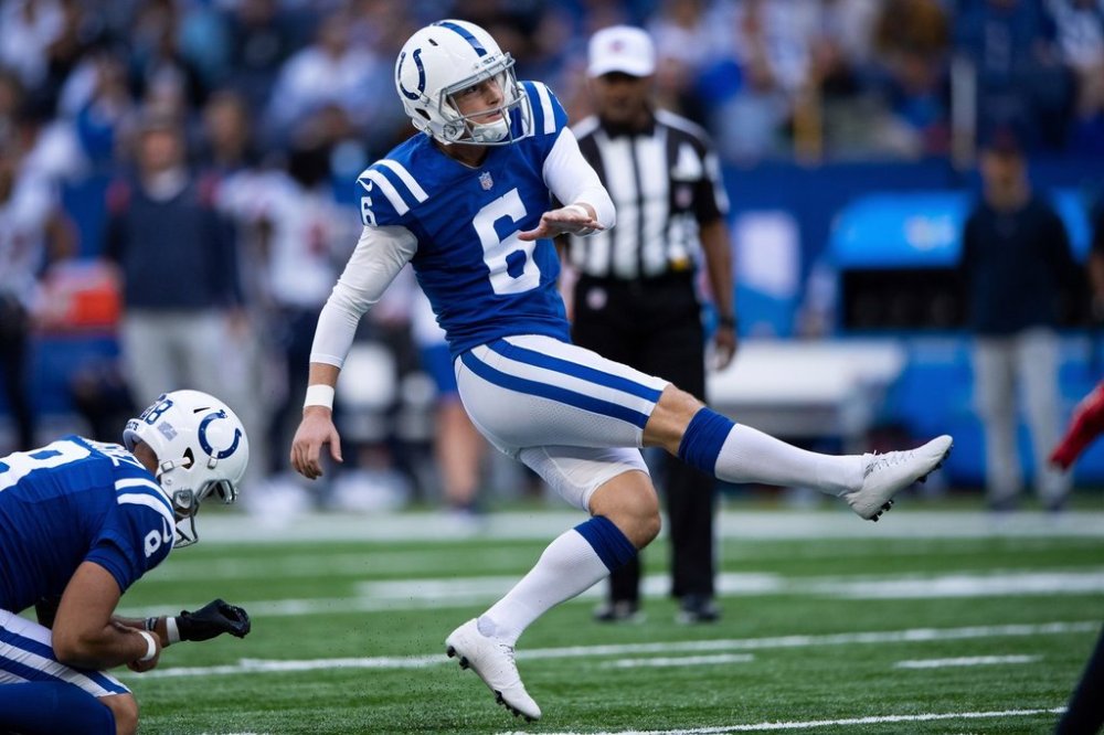 FILE - Indianapolis Colts kicker Michael Badgley (6) kicks a field goal during an NFL football game against the Houston Texans, Oct. 17, 2021, in Indianapolis. (AP Photo/Zach Bolinger, File)
