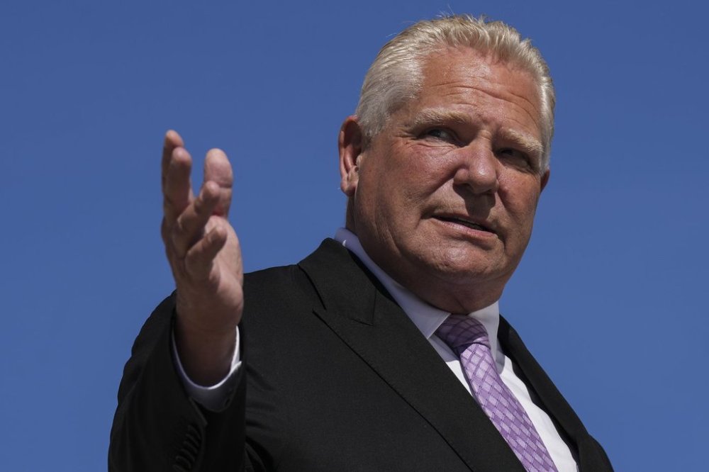 Ontario Premier Doug Ford attends an availability at Chapman's Ice Cream in Markdale, Ont., on Friday, September 19, 2025. THE CANADIAN PRESS/Chris Young