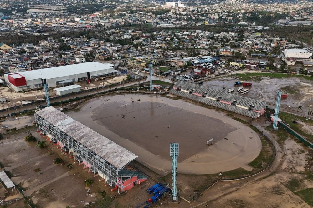 The stadium in Montego Bay, Jamaica, is flooded Friday, Oct. 31, 2025, in the aftermath of Hurricane Melissa. THE CANADIAN PRESS/AP-Matias Delacroix