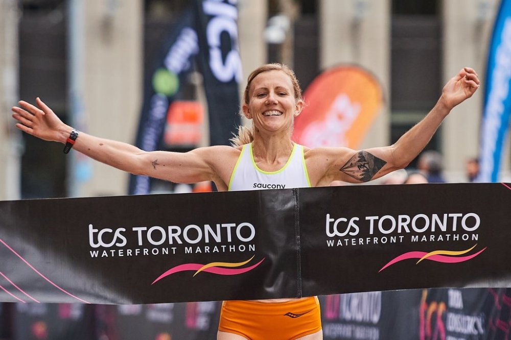 Rachel Hannah finishes as the fastest Canadian runner in the women's division of the 2025 TCS Toronto Waterfront Marathon, in Toronto, on Sunday, Oct. 19, 2025. THE CANADIAN PRESS/Sammy Kogan