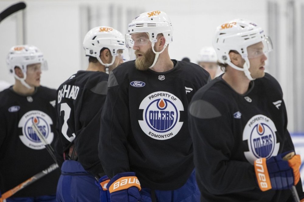 Edmonton Oilers' Mattias Ekholm (14) looks on during training camp in Edmonton on Thursday September 18, 2025. THE CANADIAN PRESS/Amber Bracken
