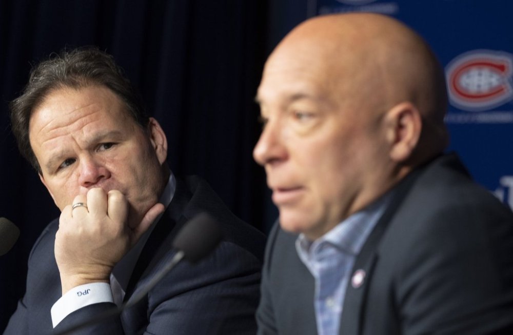 Montreal Canadiens executive president Jeff Gorton, left, and general manager Kent Hughes speak to the media during their end of season news conference in Montreal on Monday, May 5, 2025. THE CANADIAN PRESS/Christinne Muschi