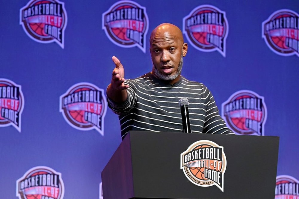 FILE - Basketball Hall of Fame Class of 2024 inductee Chauncey Billups speaks at a hall of fame news conference at Mohegan Sun, Oct. 12, 2024, in Uncasville, Conn. (AP Photo/Jessica Hill, file)