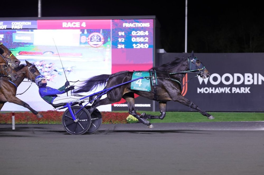 Yo Tillie and driver Todd McCarthy win the Breeders Crown 3-Year-Old Filly Trot at Woodbine Mohawk Park in Campbellville, Ont. in this Saturday, Oct. 25, 2025 handout photo. THE CANADIAN PRESS/Handout — New Image Media (Mandatory Credit)