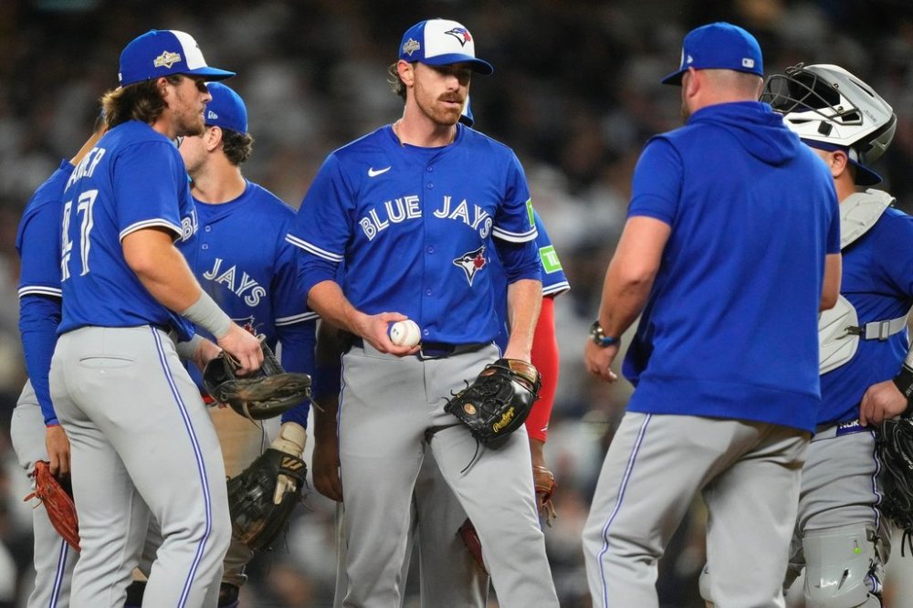 Toronto Blue Jays pitcher Shane Bieber is relieved during the third inning of Game 3 of baseball's American League Division Series against the Yankees on Oct. 7, 2025, in New York. (AP Photo/Yuki Iwamura)