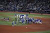 Players clear the benches after Los Angeles Dodgers reliever Justin Wrobleski (70) hit Blue Jays shortstop Andrés Giménez (0) with a pitch during in the fourth inning of Game 7 of the World Series playoff in Toronto in Saturday, Nov. 1, 2025. THE CANADIAN PRESS/Chris Young
