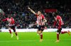 Sunderland's Granit Xhaka, center, celebrates scoring during the English Premier League soccer match between Sunderland and Everton in Sunderland, England, Monday Nov. 3, 2025. (Owen Humphreys/PA via AP)