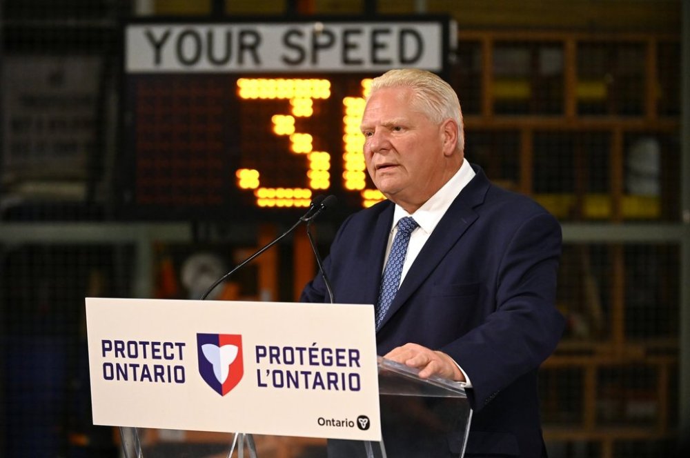 Premier Doug Ford speaks about roadway speed cameras at the Vaughan Joint Operations Centre in Vaughan, Ontario on Thursday, Sept. 25, 2025. THE CANADIAN PRESS/Jon Blacker