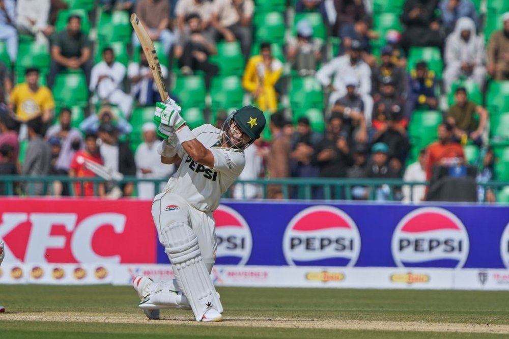 Pakistan's Imam-ul-Haq bats during the first day of of first test cricket match between Pakistan and South Africa, in Lahore, Pakistan, Sunday, Oct. 12, 2025. (AP Photo/K.M. Chaudary)