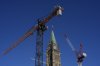 Cranes surround the Peace Tower in Ottawa on Parliament Hill as construction on centre block continues, Friday, Jan. 24, 2025. THE CANADIAN PRESS/Adrian Wyld