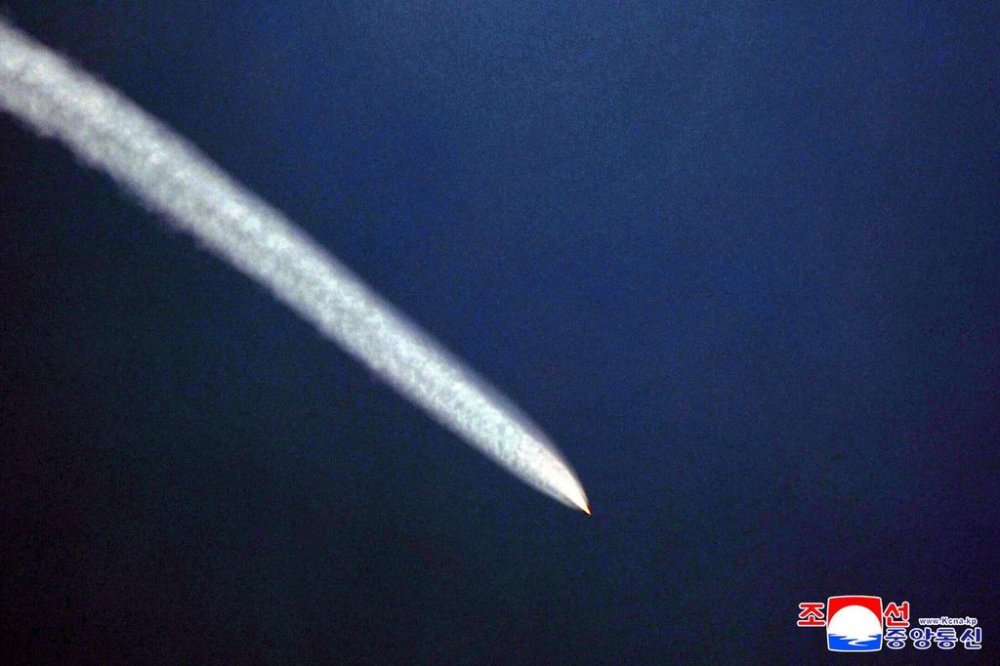 This photo provided by North Korean government, shows what it says a test of a hypersonic projectile at an undisclosed place in North Korea, Wednesday, Oct. 22, 2025. Independent journalists were not given access to cover the event depicted in this image distributed by the North Korean government. The content of this image is as provided and cannot be independently verified. Korean language watermark on image as provided by source reads: