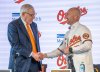 Baltimore Orioles majority owner David Rubenstein, left, congratulates the baseball club's new manager Craig Albernaz during a news conference, Tuesday, Nov. 4, 2025, in Baltimore. (Jerry Jackson/The Baltimore Banner via AP)