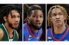 FILE - This combo of file photos shows, NCAA college basketball players, from left, Jalin Billingsley, Da'Sean Nelson and Jalen Terry. (AP Photo/File)