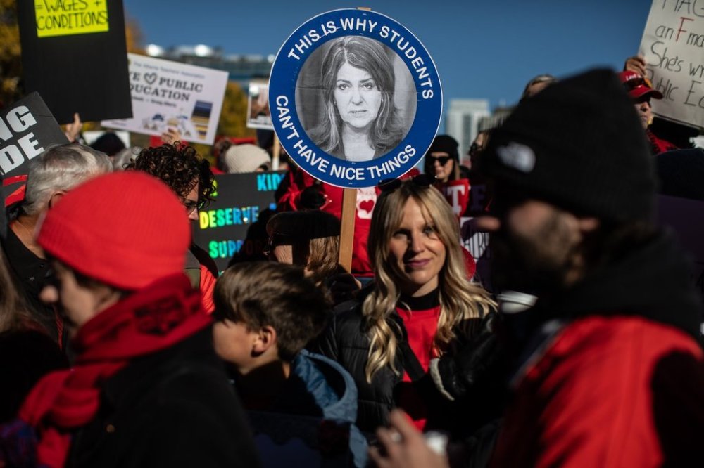 Teachers and supporters take part in a rally on World Teachers' Day in Edmonton, on Sunday, Oct. 5, 2025. THE CANADIAN PRESS/Jason Franson