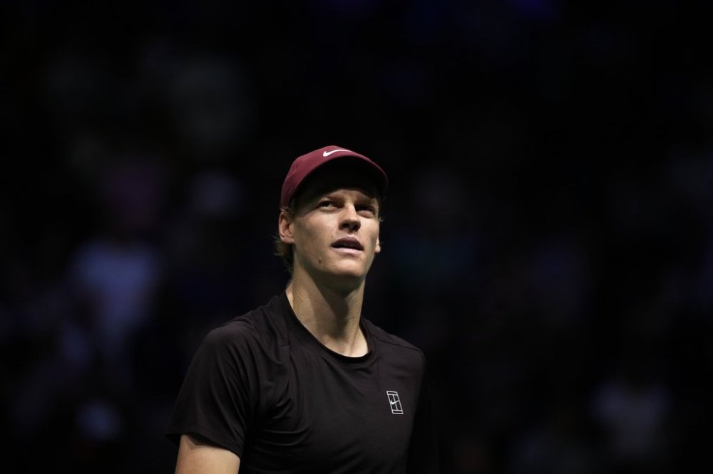 Italy's Jannik Sinner looks on as he plays against Argentina's Francisco Cerundolo during their third round match of the Paris Masters tennis tournament in Paris, France, Thursday, Oct. 30, 2025. (AP Photo/Christophe Ena)