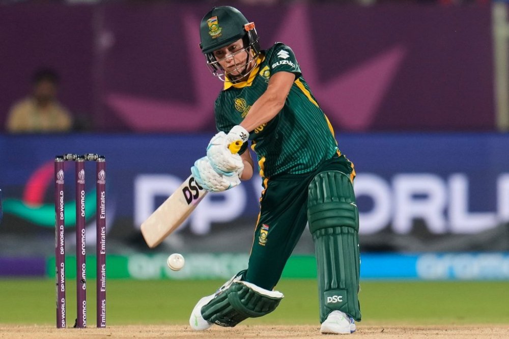South Africa's Marizanne Kapp plays a shot during the ICC Women's Cricket World Cup match between India and South Africa at ACA-VDCA Cricket Stadium in Visakhapatnam, India, Thursday, Oct. 9, 2025. (AP Photo/Aijaz Rahi)