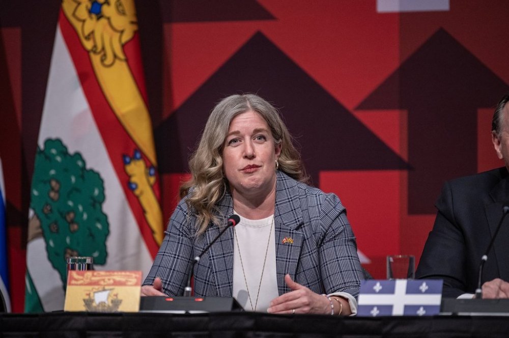 Premier of New Brunswick Susan Holt speaks to media following the First Minister’s Meeting in Saskatoon, Sask., Monday, June 2, 2025. THE CANADIAN PRESS/Liam Richards