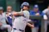 Toronto Blue Jays right-fielder Nathan Lukes bats during the fifth inning of a Major League Baseball game against the Royals on Sept. 21, 2025, in Kansas City, Mo. (AP Photo/Charlie Riedel)