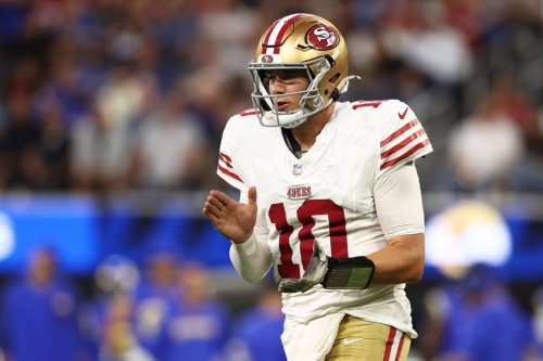 San Francisco 49ers quarterback Mac Jones reacts during the second half of an NFL football game against the Los Angeles Rams, Thursday, Oct. 2, 2025, in Inglewood, Calif. (AP Photo/Jessie Alcheh)