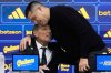 FILE - Boca Juniors President Juan Riquelme, right, embraces new head coach Miguel Angel Russo during his first press conference in Buenos Aires, Argentina, June 2, 2025. (AP Photo/Gustavo Garello, File)