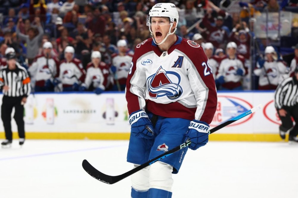Colorado Avalanche center Nathan MacKinnon (29) celebrates his goal during the second period of an NHL hockey game against the Buffalo Sabres Monday, Oct. 13, 2025, in Buffalo, N.Y. (AP Photo/Jeffrey T. Barnes)